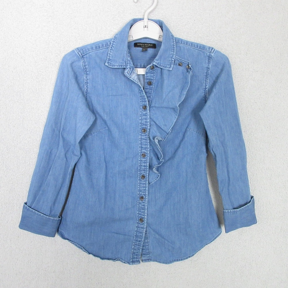 Banana Republic Riley Shirt Women 0P Blue Denim Ruffle Button Down Long Sleeve